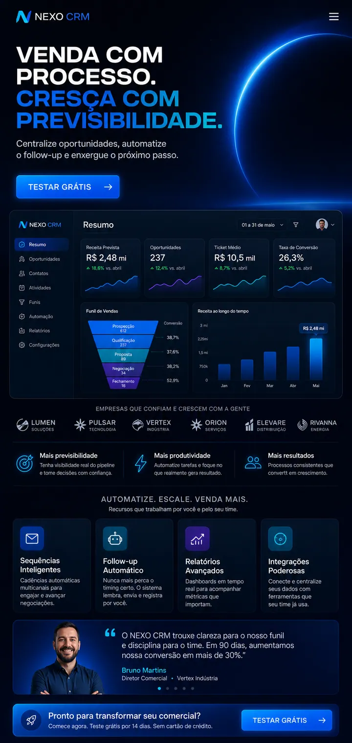 Landing page mobile da NEXO CRM, criada com o método Land-IA